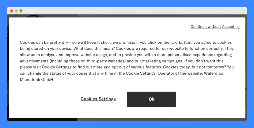 Waterdrop's pop-up cookie banner on a white background.