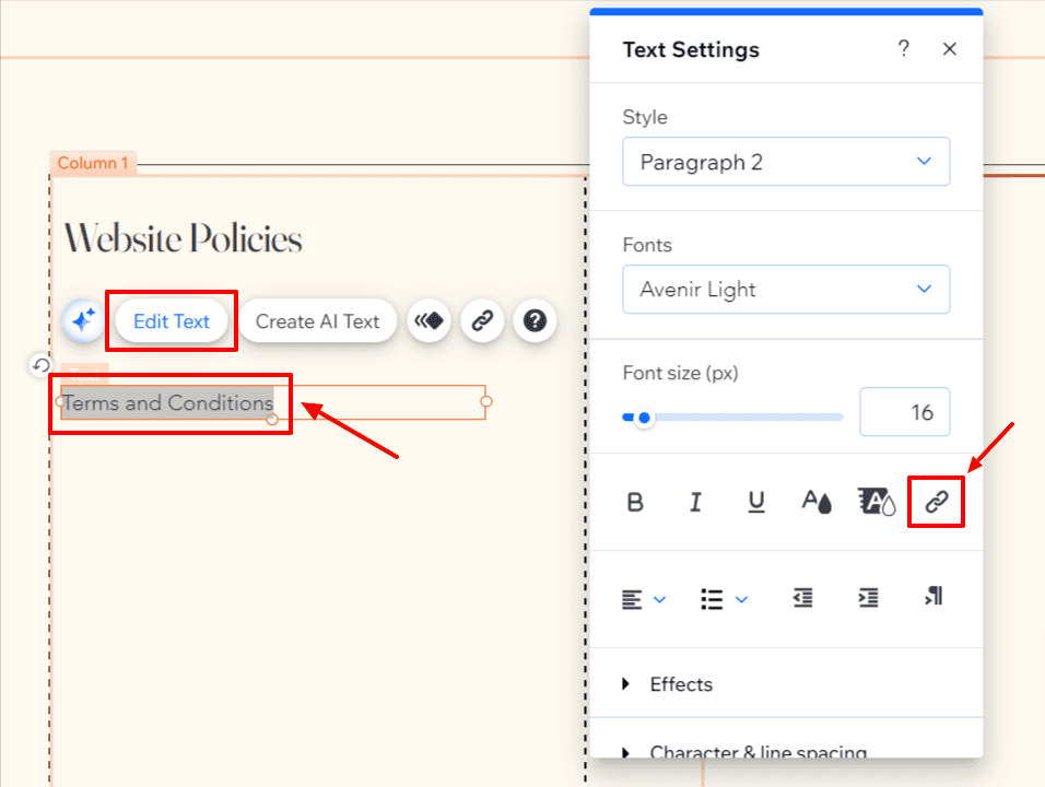 "Text Settings" pop-up menu with a highlighted "link" icon.