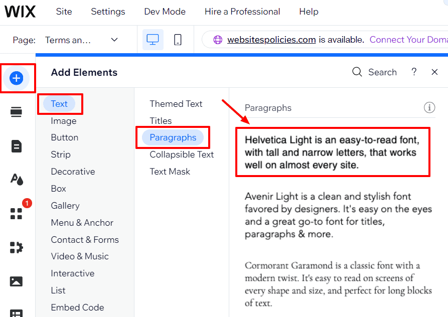 "Add Elements" menu with text selected and a highlighted "Paragraphs" option.