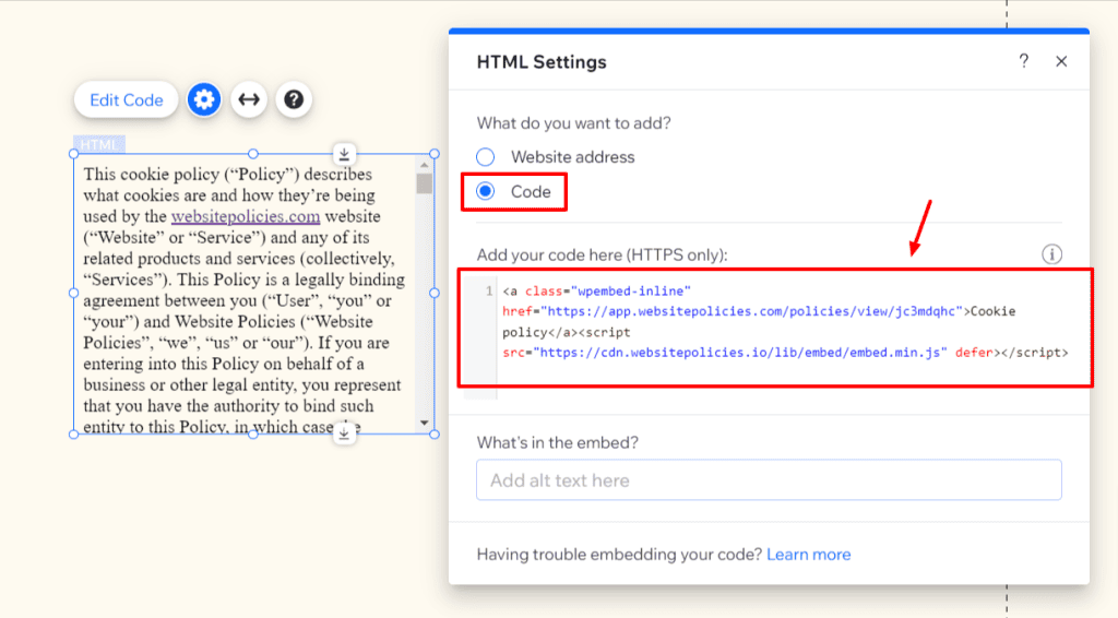 "HTML Settings" page with "Code" option selected and a URL box containing cookie policy codes.