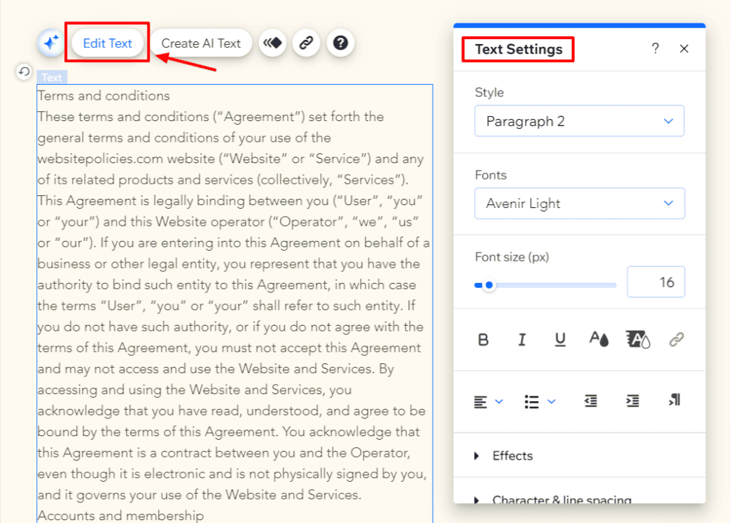 "Text Settings" pop up menu with a textbox containing the terms and conditions policy.