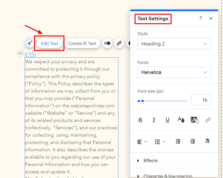 "Text Settings" pop up menu with a textbox containing the privacy policy.