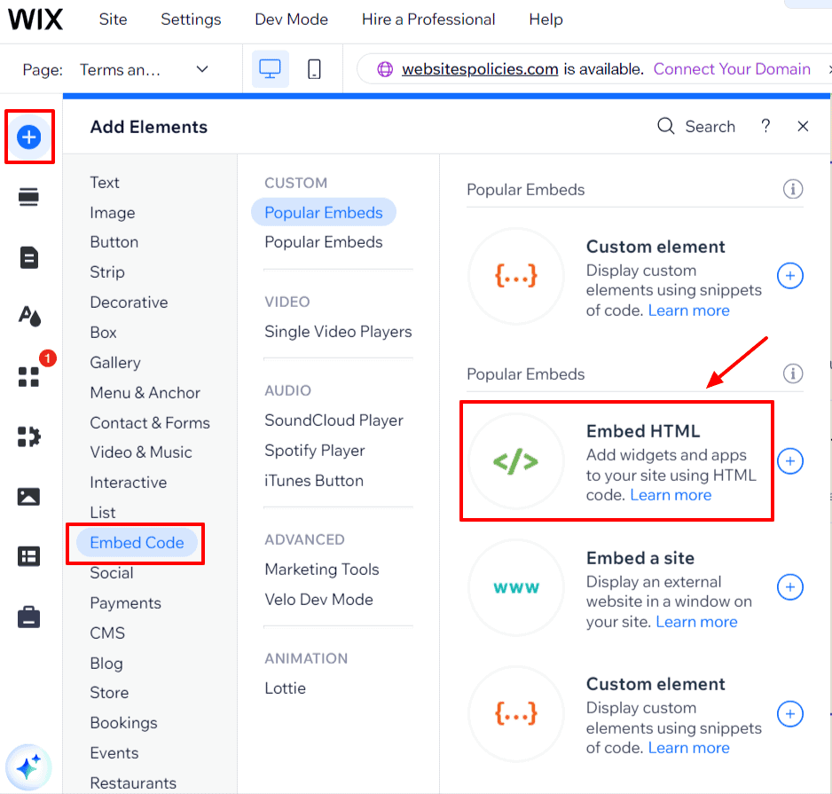 "Add Elements" menu with the "Embed HTML" block selected.