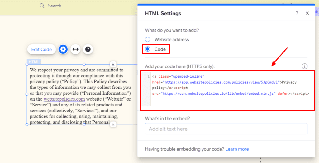 "HTML Settings" page with "Code" option selected and a URL box containing privacy policy codes.