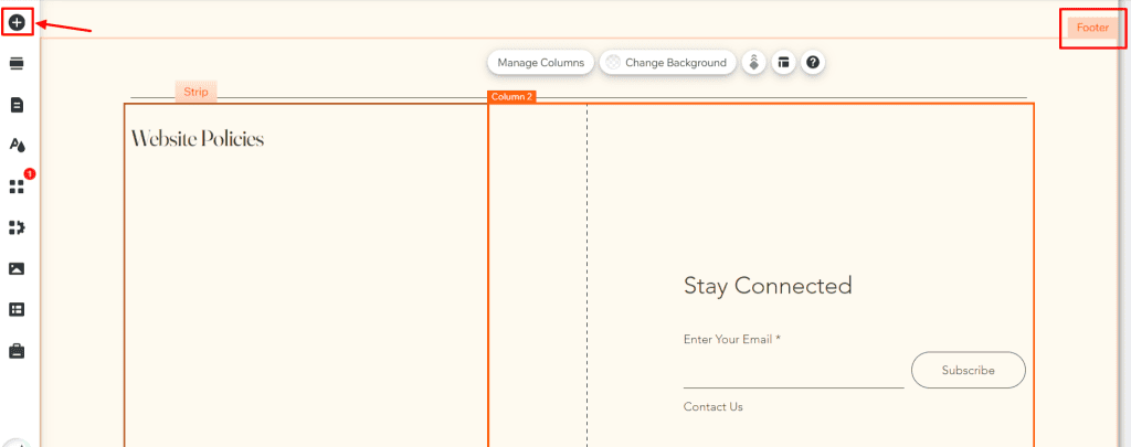 Wix Site Editor footer section on a peach background.