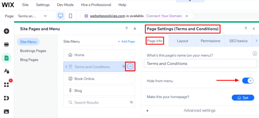 "Page Settings" option with a "Hide from menu" toggle button.