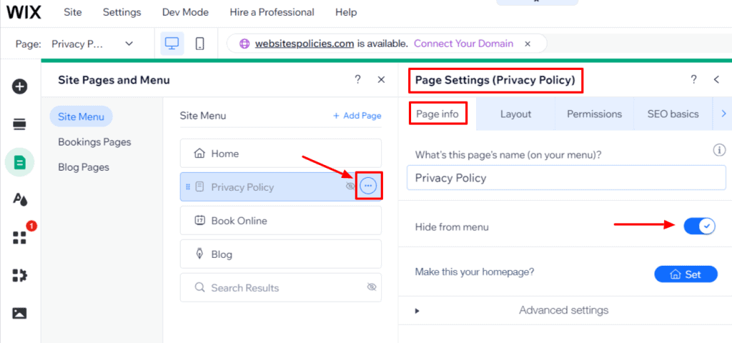 "Page Settings" option with a "Hide from menu" toggle button.