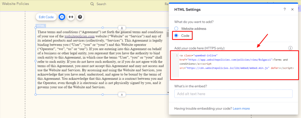 "HTML Settings" page with "Code" option selected and a URL box containing terms and conditions codes.