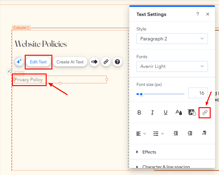 "Text Settings" pop-up menu with a highlighted "link" icon.