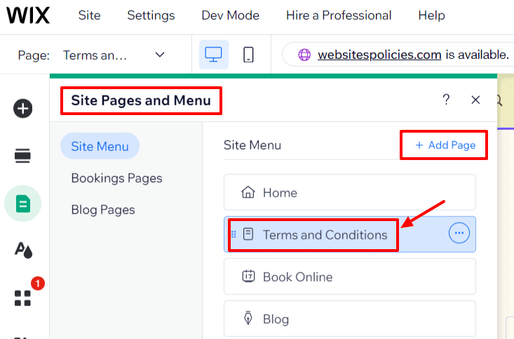 "Site Pages and Menu" section with a menu named "Terms and Conditions" on a white background.