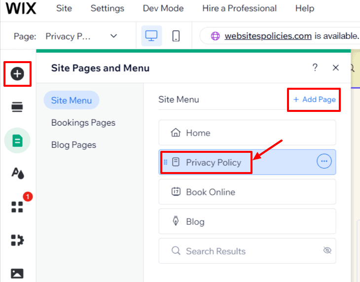 "Site Pages and Menu" section with a menu named "Privacy Policy" on a white background.