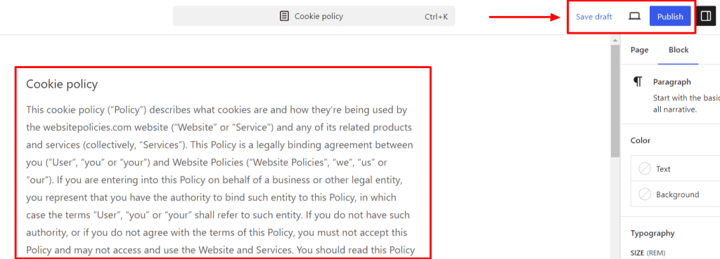 WordPress Editor with a textbox containing the cookie policy.