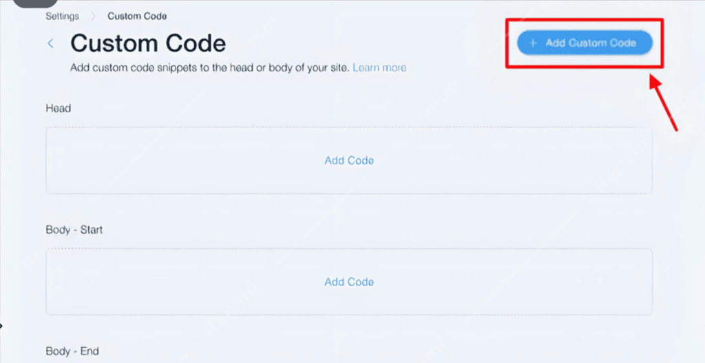 Wix custom code section with the "Add Custom Code" button highlighted in red.