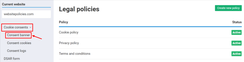 Legal policies page with a highlighted section for managing cookie consents including the consent banner.