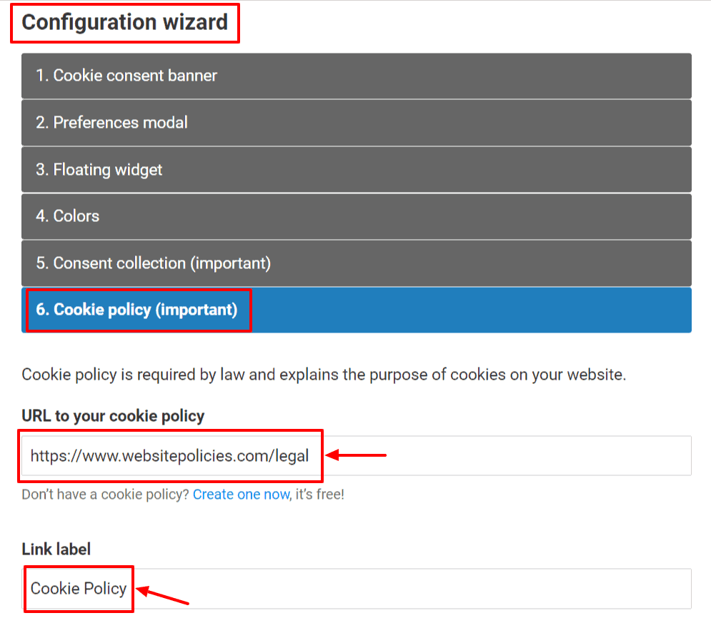 Configuration wizard section with "Cookie policy," URL box, and link label box highlighted in red.