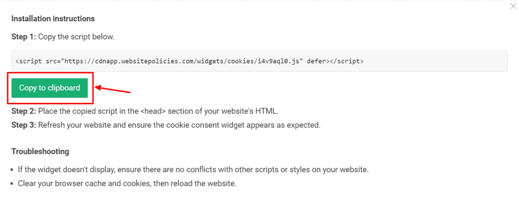 Cookie consent banner plugin's installation instructions with the "Copy to clipboard" button highlighted in red.