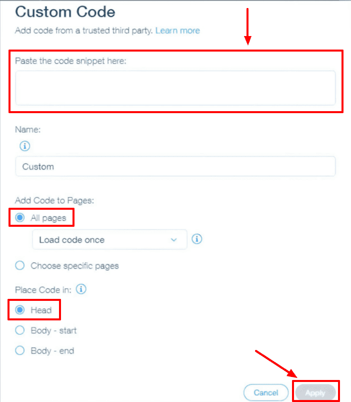 Wix custom code section with the HTML box, "All Pages" option, "Head" option, and "Apply" button highlighted in red.