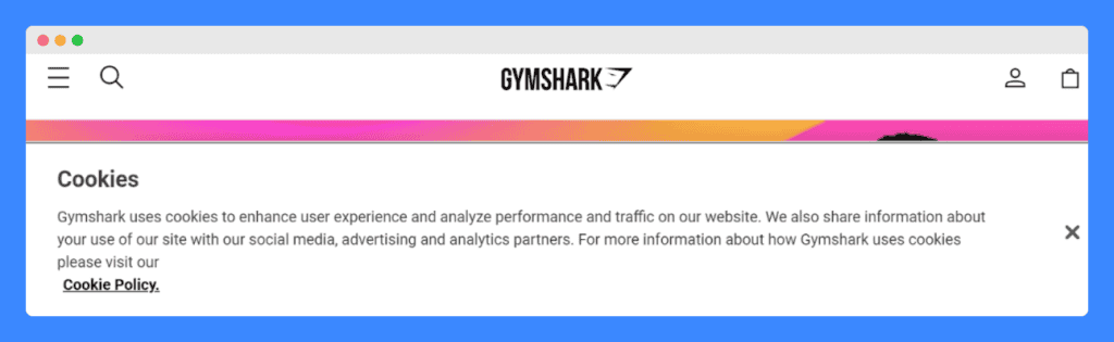 Gymshark's cookie notice on a white background.