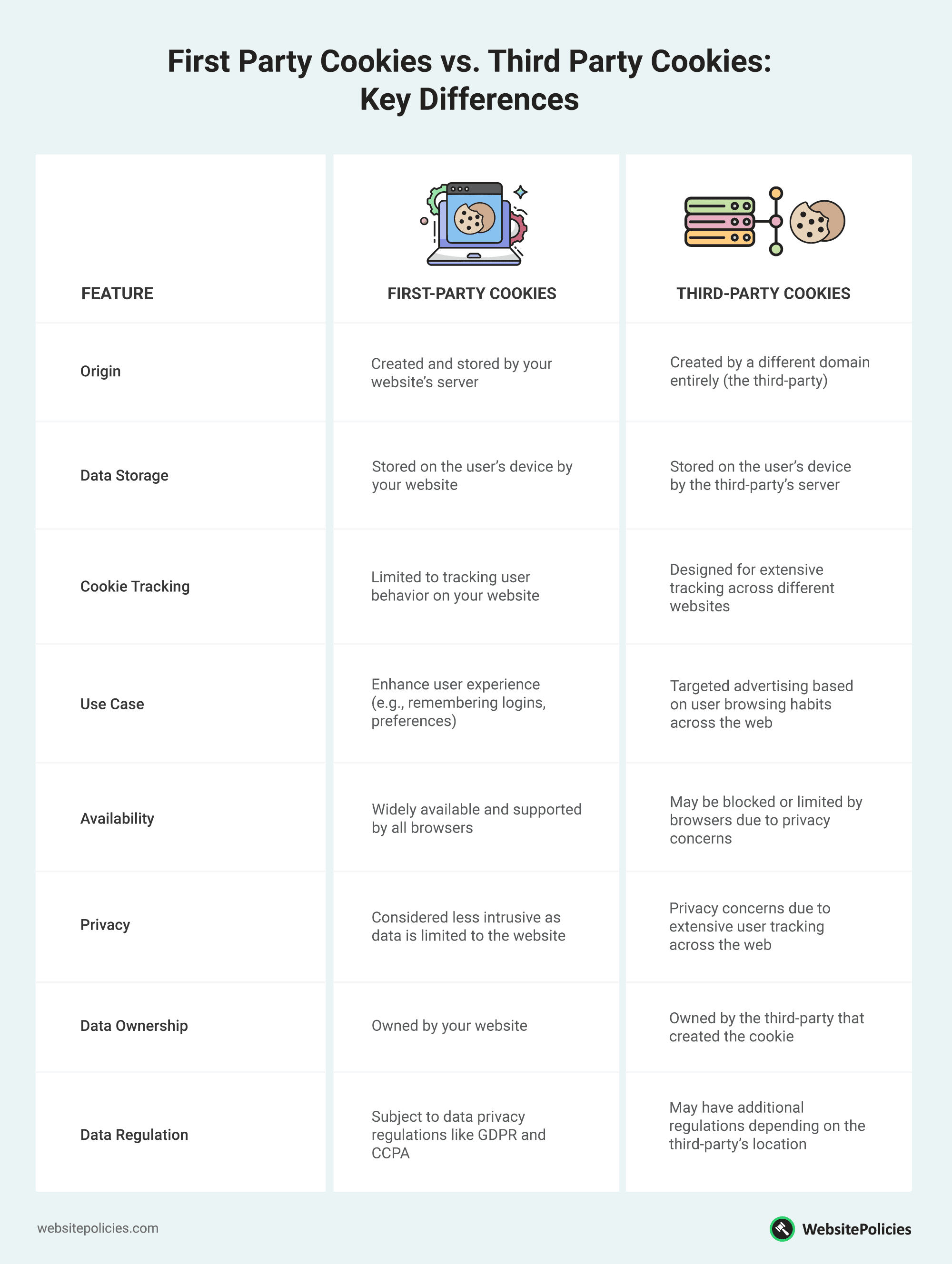 Infographic showing the key differences between first party cookies and third party cookies based on specific features.