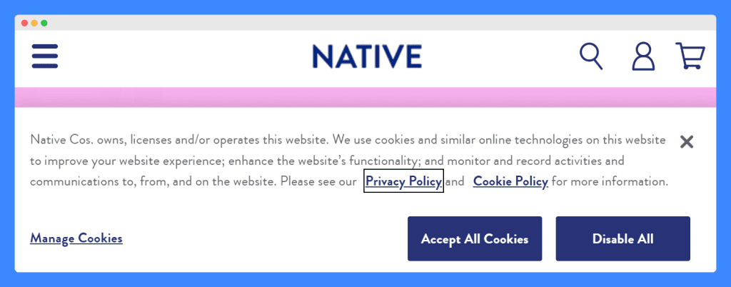 Native's cookie consent banner on a white background.