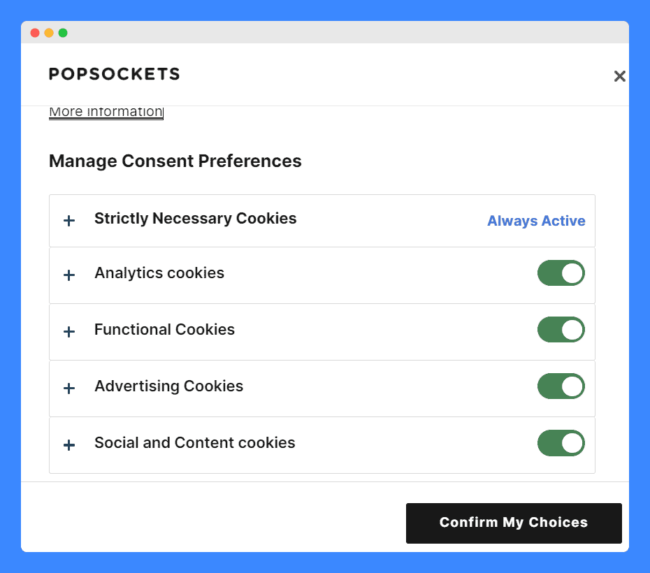 PopSockets' cookie preferences center with toggle buttons set to "Always Active."