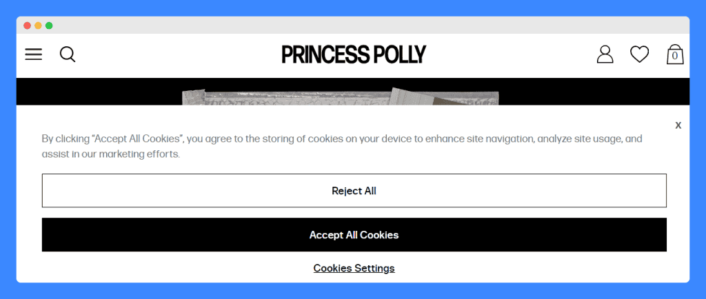 Princess Polly's cookie banner on a white background.