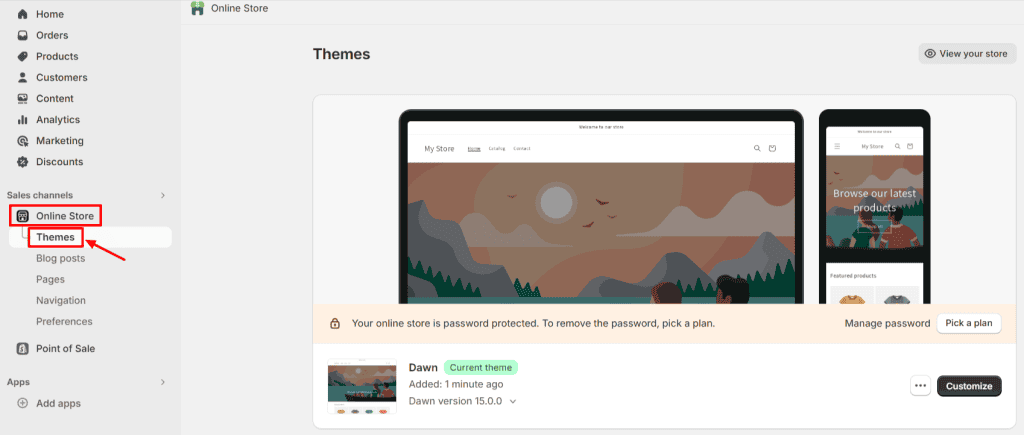 Shopify dashboard with "Online Store" and "Themes" buttons highlighted in red.