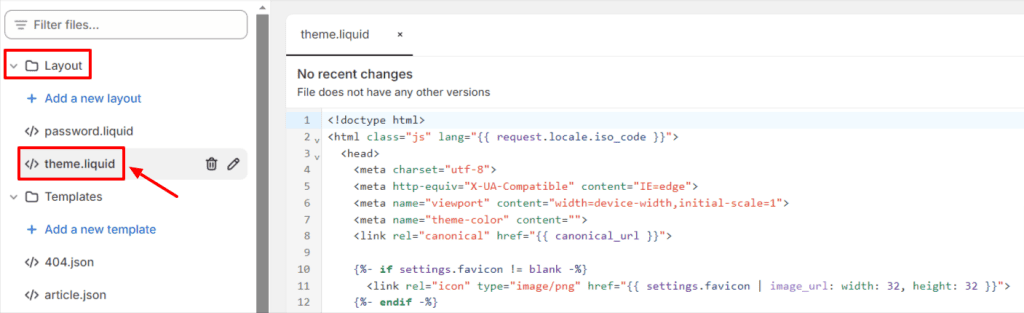 Shopify code editor with "Layout" and "theme liquid" buttons highlighted in red.