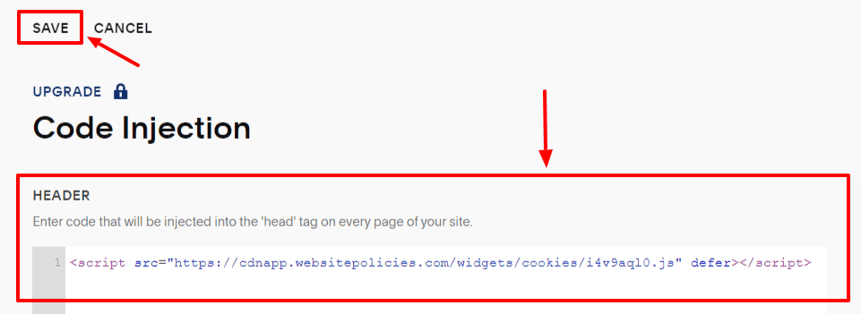 Squarespace code injection section with the Header URL box and save button highlighted in red.