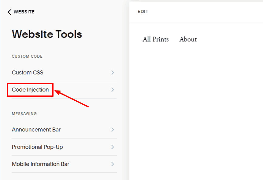 Squarespace website tools page with the "Code Injection" button highlighted in red.