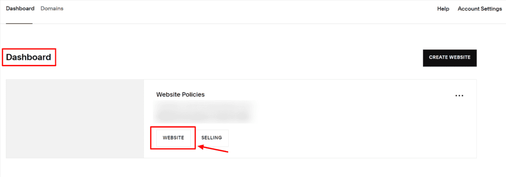 Squarespace dashboard with the "Website" button highlighted in red.