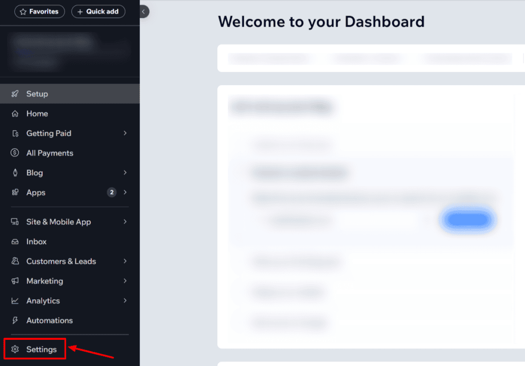 Wix dashboard with the highlighted "Settings" button.