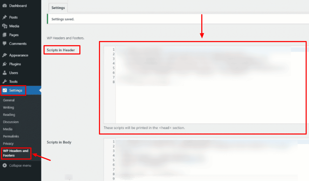 WordPress WP Headers and Footers section with the "Script in Header" HTML box highlighted in red.