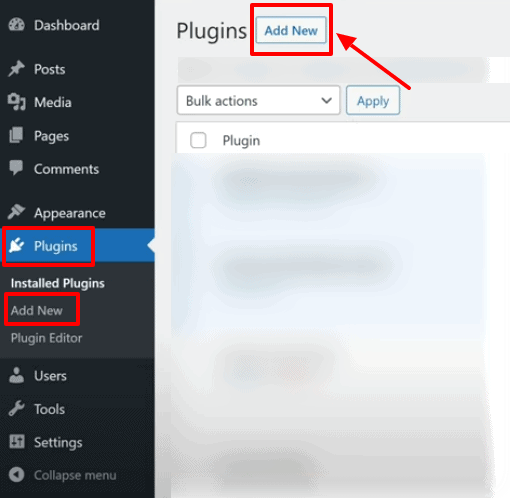 WordPress dashboard with the "Add New" plugin button highlighted in red.