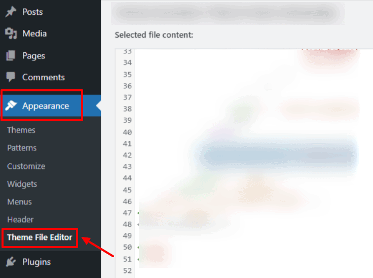 WordPress dashboard with "Appearance" and "Theme File Editor" button highlighted in red.