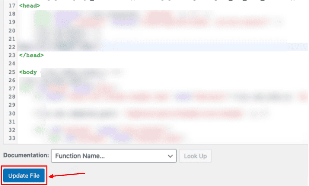 WordPress code editor page with the "Update File" button highlighted in red.
