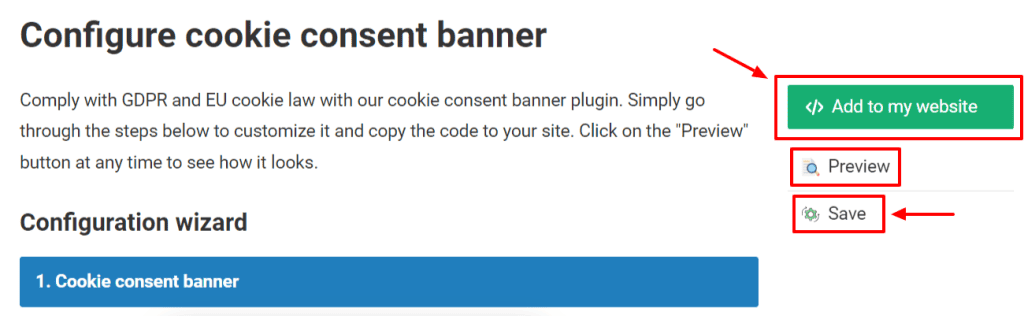 "Configure cookie consent banner" page with the "Add to my website," preview, and save button highlighted in red.