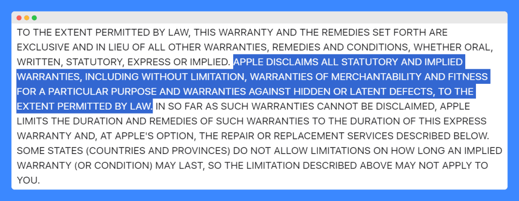 Apple's warranty disclaimer on a white background.