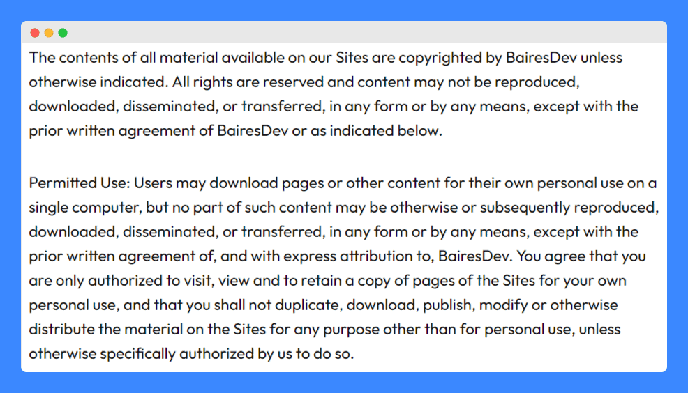 BairesDev's intellectual property disclaimer on a white background.