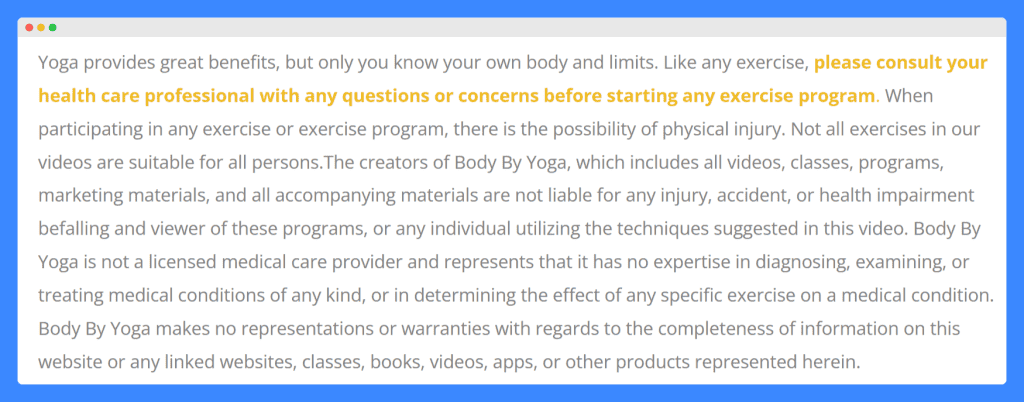 Body By Yoga's medical disclaimer on a white background.