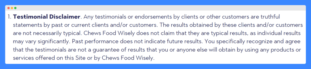 Chews Food Wisely's testimonial disclaimer on a white background.