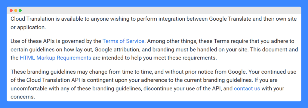 Cloud Translation API's attribution requirements on a white background.