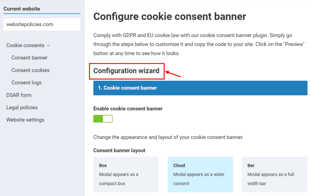 Highlighted configuration wizard section for setting up a cookie consent banner.