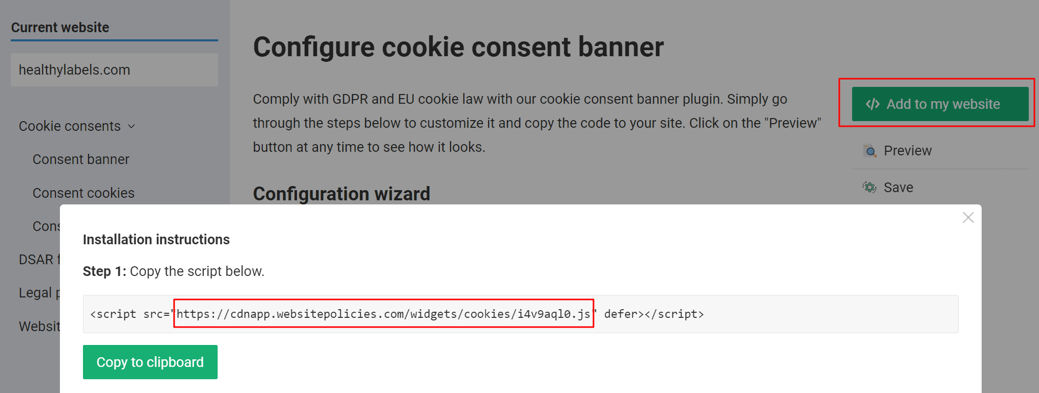 Copy cookie consent banner code