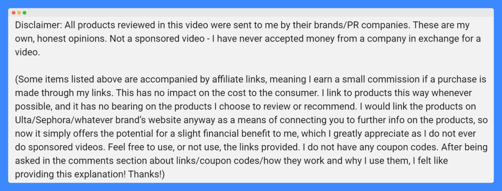 YouTube beauty influencer Emily Noel's review disclaimer on a light brown background.