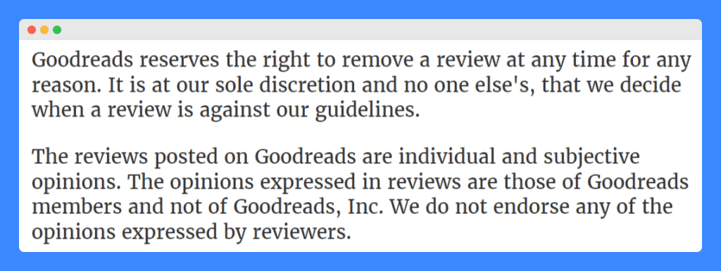 GoodReads' review disclaimer on a white background.