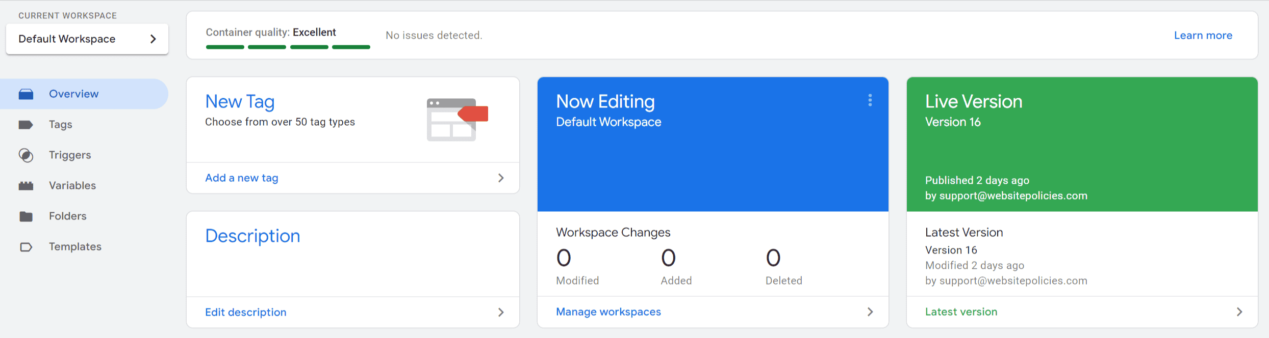 Google Tag Manager workspace overview