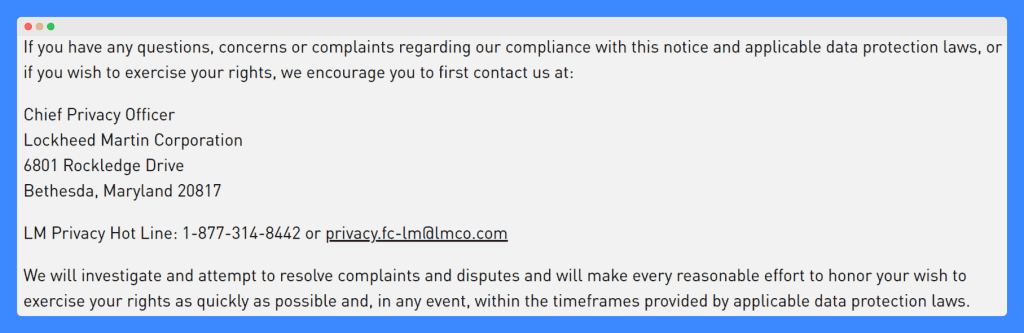 Lockheed Martin's contact information on a light gray background.