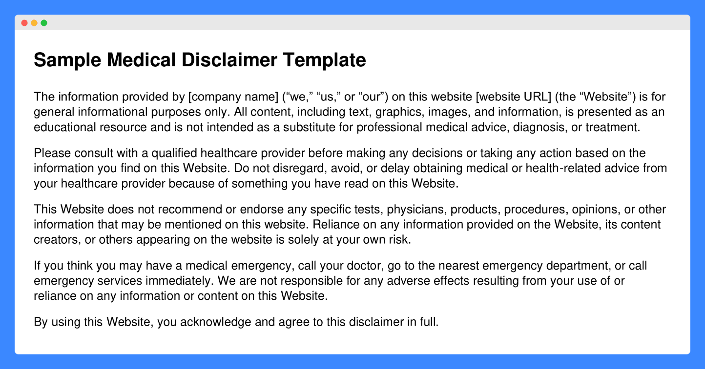 Sample medial disclaimer template for blogs and websites.