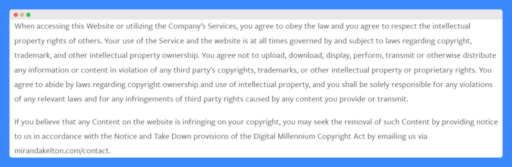 Miranda Kelton's intellectual property disclaimer on a white background.